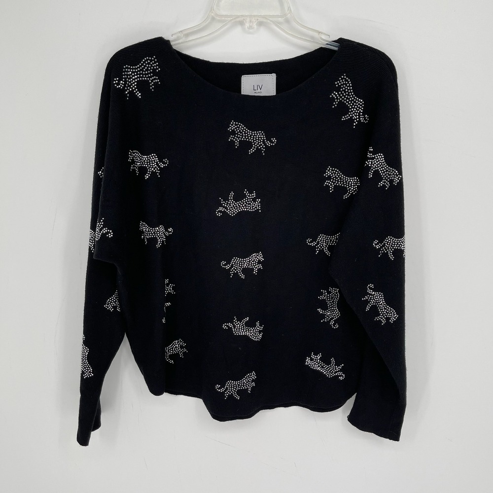 LIV Milano Women's Black Studded Leopard Rhinestone Knit Sweater Size M